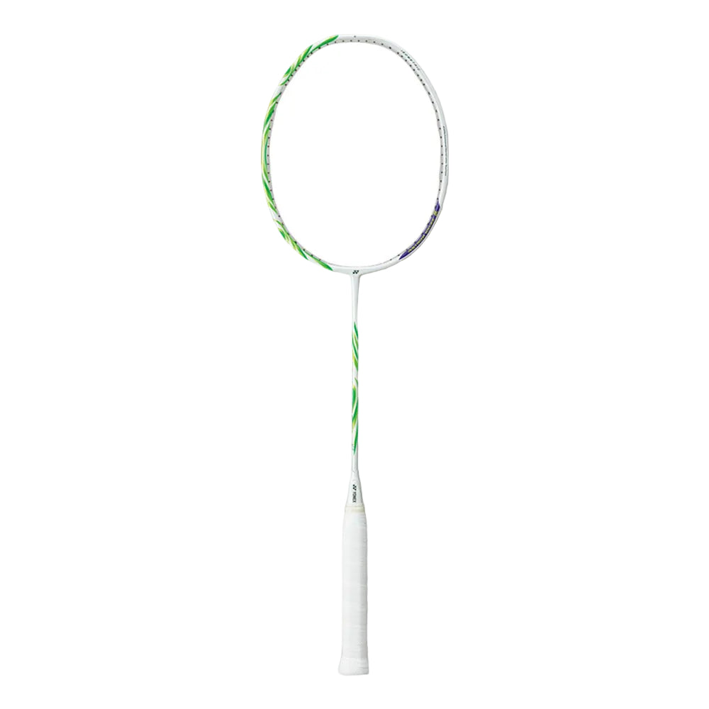 Badminton racket with green and white design on a gray background