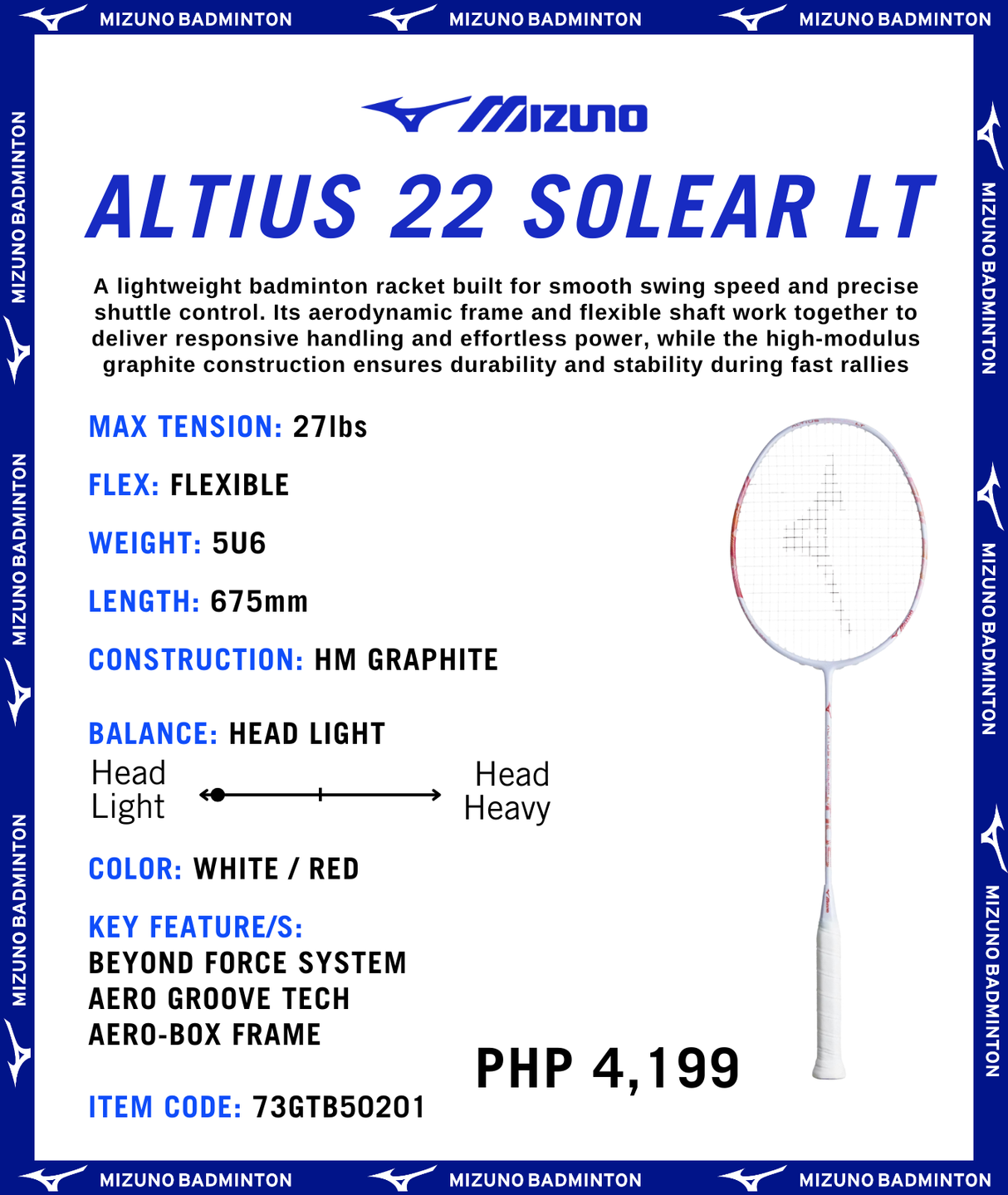 Mizuno Altius 22 Solear LT Badminton Rackets (Unstrung)