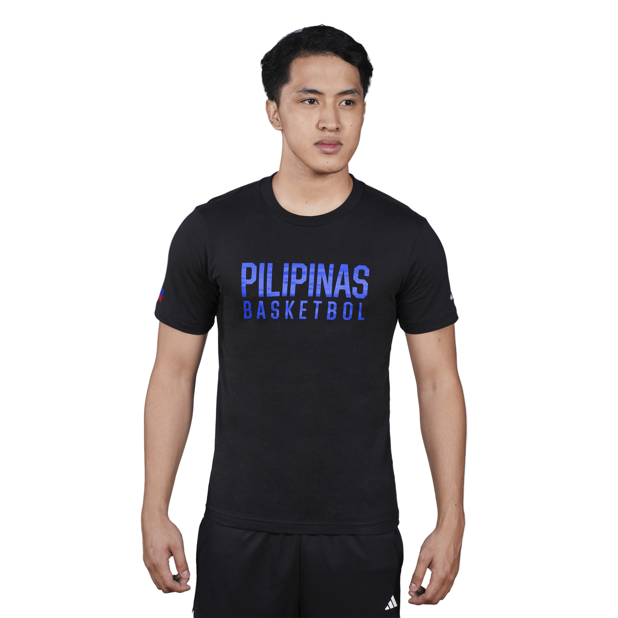Person wearing a black t-shirt with 'PILIPINAS BASKETBALL' text on a white background