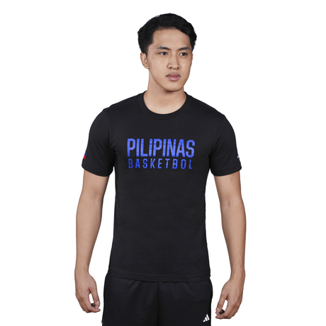 Person wearing a black t-shirt with 'PILIPINAS BASKETBALL' text on a white background