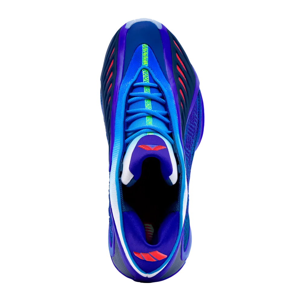 A single athletic sneaker shown from a top-down view on a light gray background. The shoe features a vibrant blue and purple design with red accents and white details.