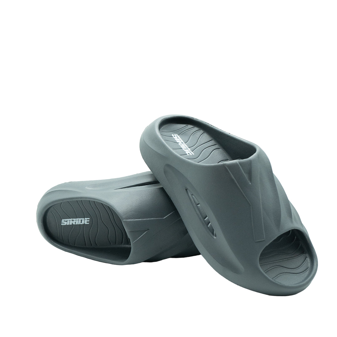 Pair of gray slides with brand logo on a white background