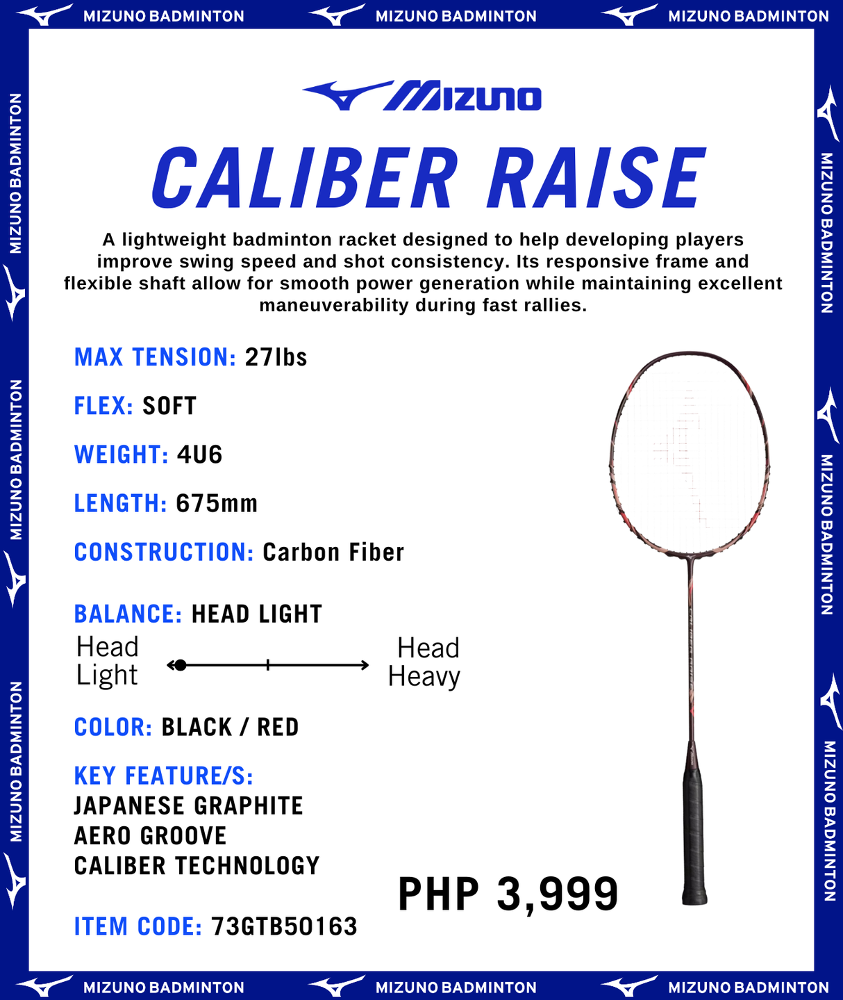 Mizuno Caliber Raise Badminton Rackets (Strung)