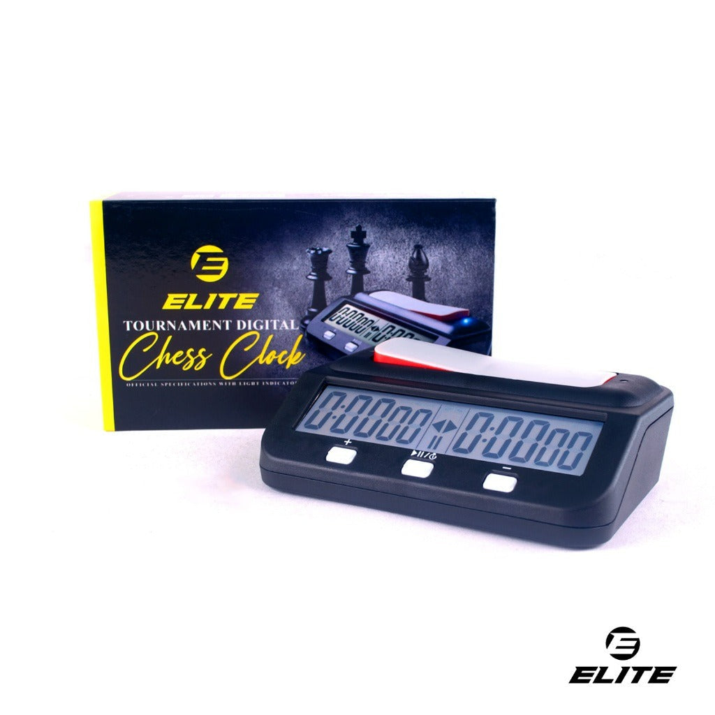 Elite brand tournament digital chess clock shown in front of its retail box on a white background, with 365 Sports Official Store branding in the top left and an Elite logo in the bottom right.