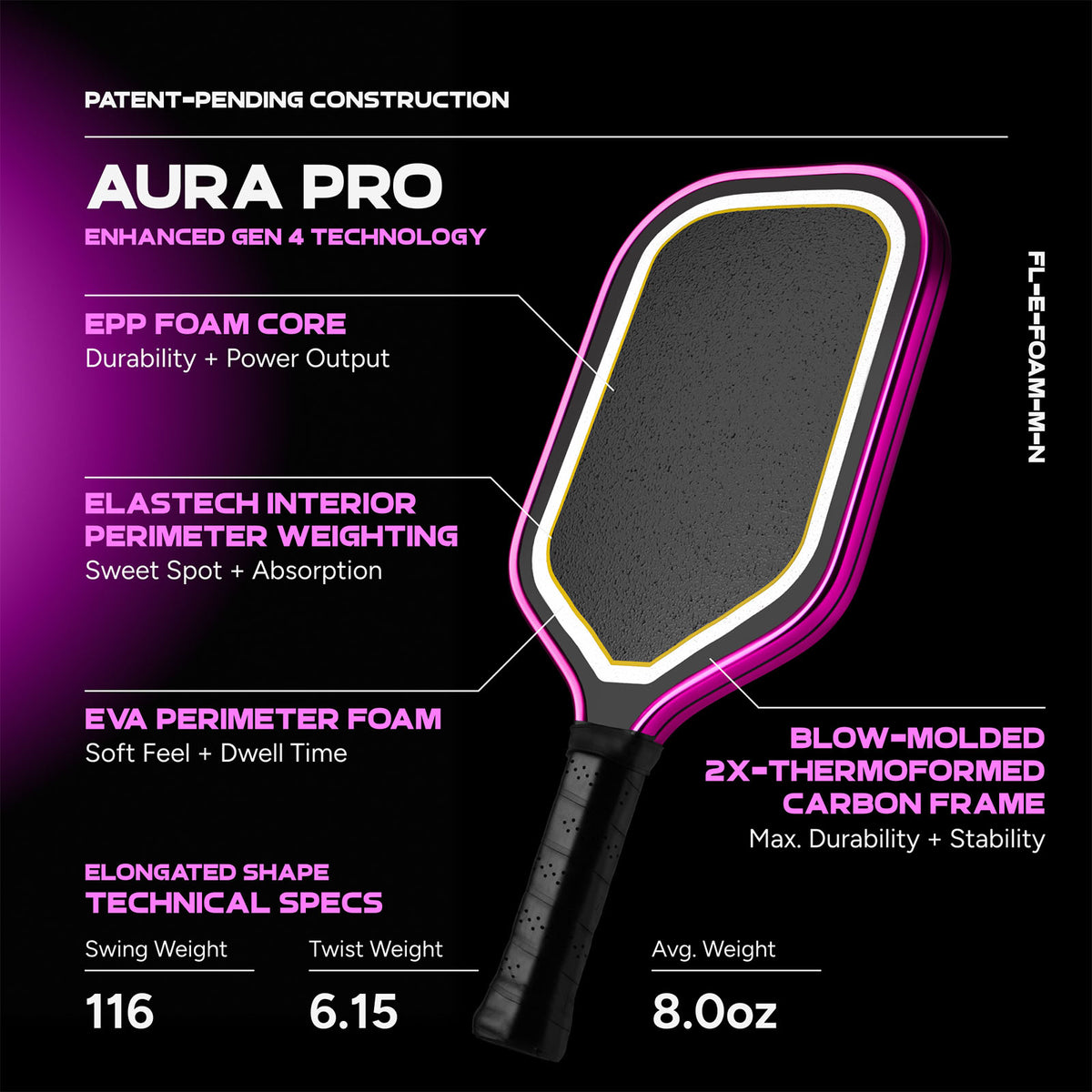 Friday Aura Pro Elongated Metallic Pink Blackout Pickleball Paddle