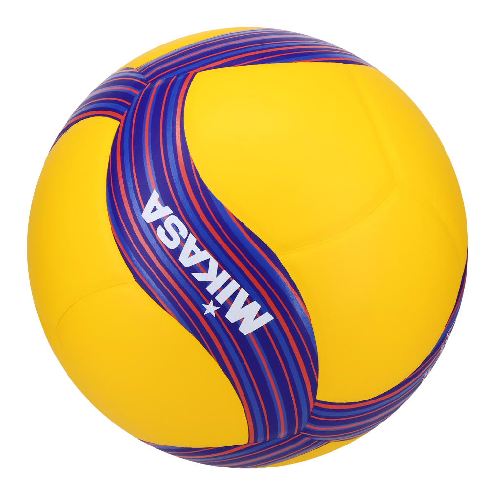 Yellow and blue volleyball with Mikasa branding on a white background