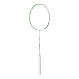 Badminton racket with green and white design on a gray background