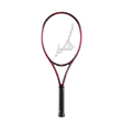 Tennis racket with red and black design on a white background