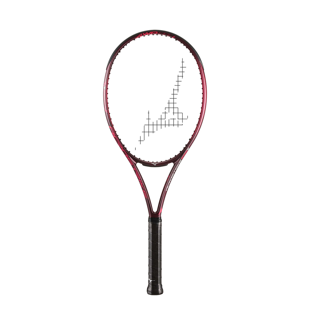 Tennis racket with red and black design on a white background