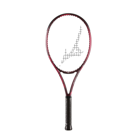 Tennis racket with red and black design on a white background