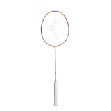 Badminton racket with a white and rose gold design on a white background