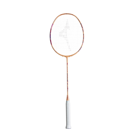 Badminton racket with a white and rose gold design on a white background