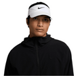 Person wearing a black jacket and white Nike visor on a white background