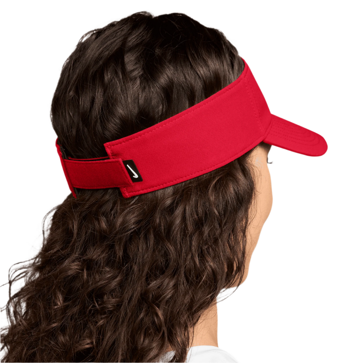 Person wearing a red visor with a brand logo on a white background