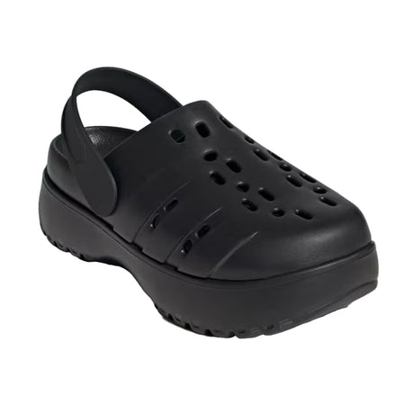 Black clog shoe on a light gray background