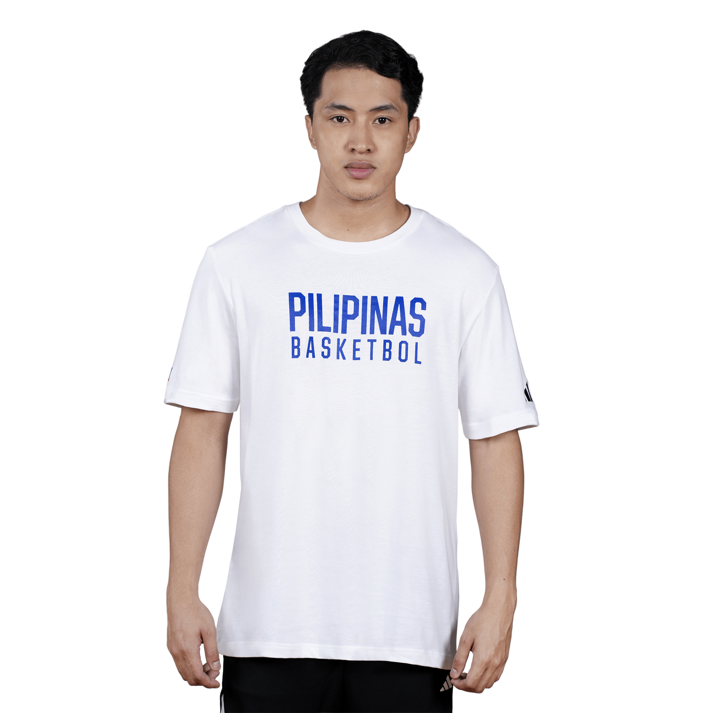 Person wearing a white t-shirt with 'PILIPINAS BASKETBOL' text on a light gray background