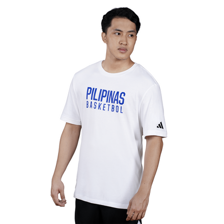 Person wearing a white 'Pilipinas Basketball' t-shirt with Adidas logo on a light gray background