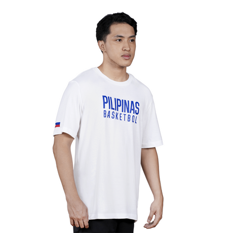 Person wearing a white t-shirt with 'PILIPINAS BASKETBALL' text on a light gray background