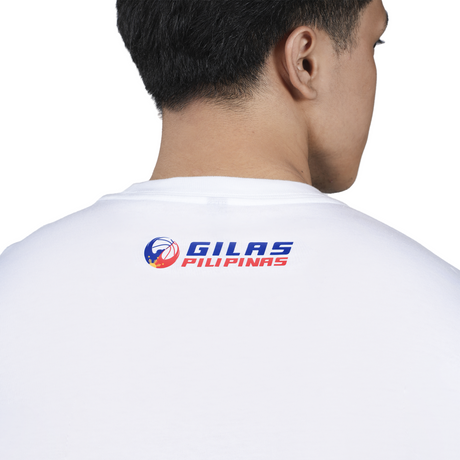Person wearing a white t-shirt with Gilas Pilipinas logo on the back