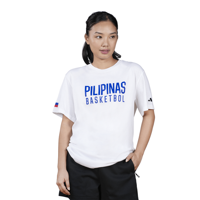 Person wearing a white 'PILIPINAS BASKETBOL' t-shirt on a white background