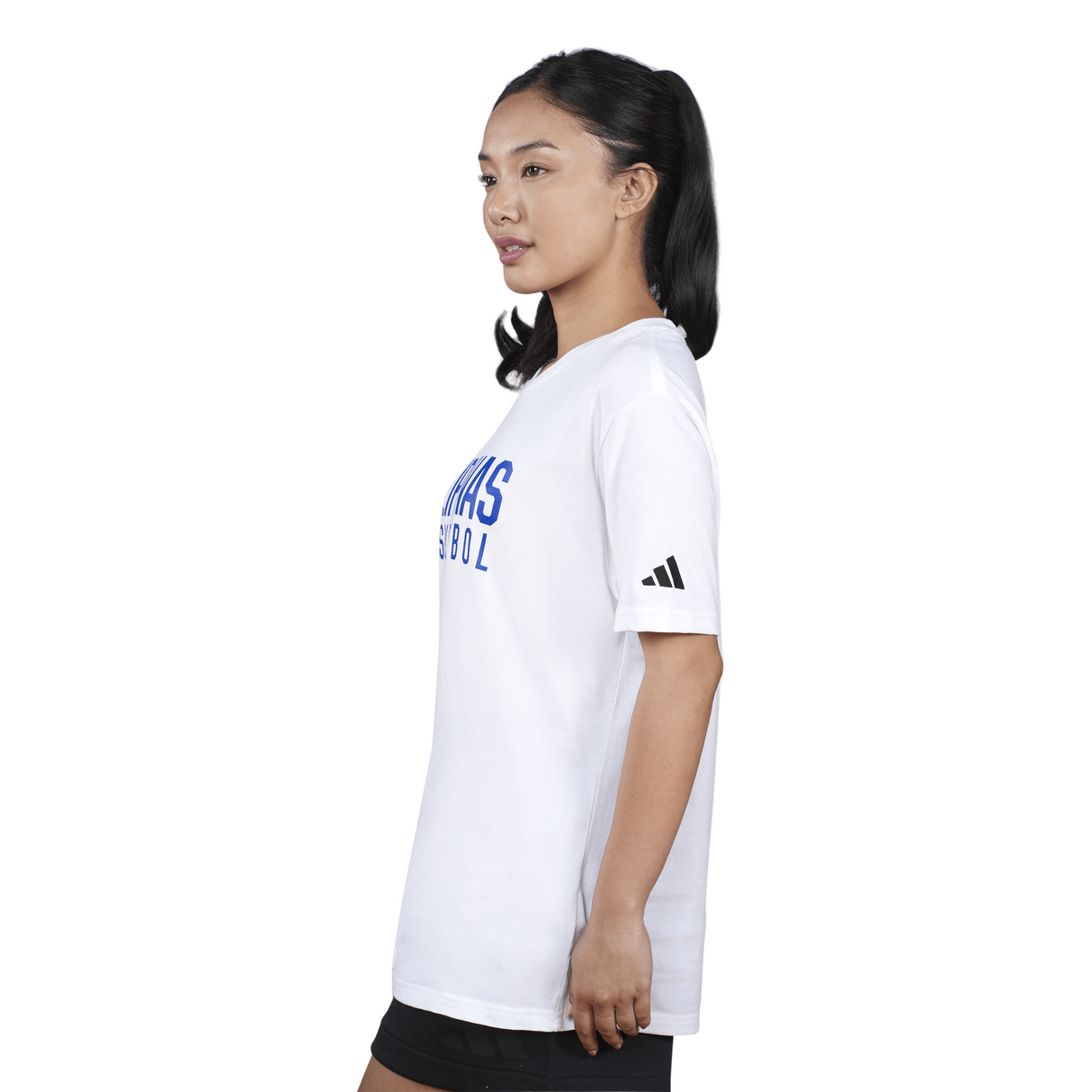 Person wearing a white t-shirt with blue text and an Adidas logo on a white background