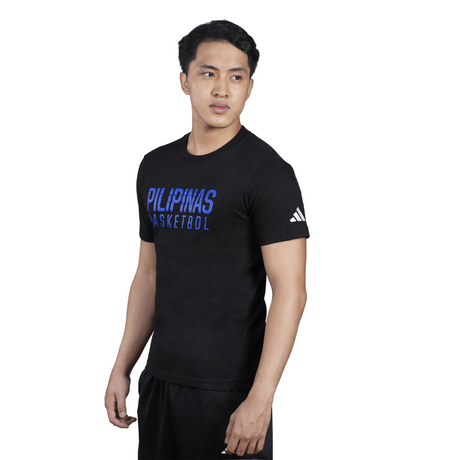 Person wearing a black t-shirt with 'Pilipinas Basketball' text and Adidas logo on a white background