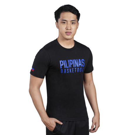 Person wearing a black t-shirt with 'PILIPINAS BASKETBALL' text on a white background