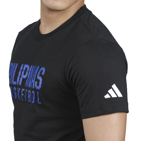 Black t-shirt with blue text and Adidas logo on a white background