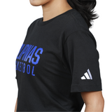 Black t-shirt with blue text and Adidas logo on a white background