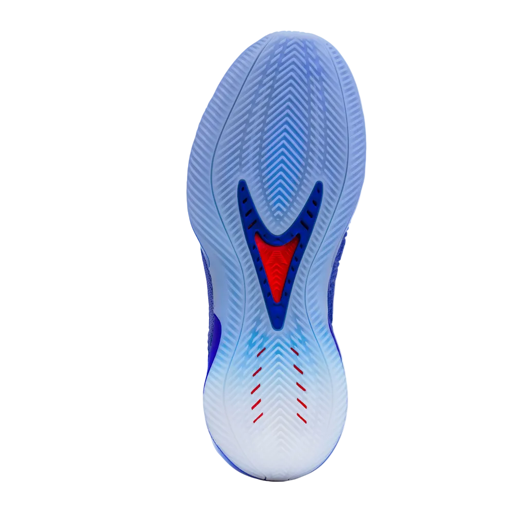 The outsole of a blue and white athletic shoe with a red accent, shown against a light gray background.