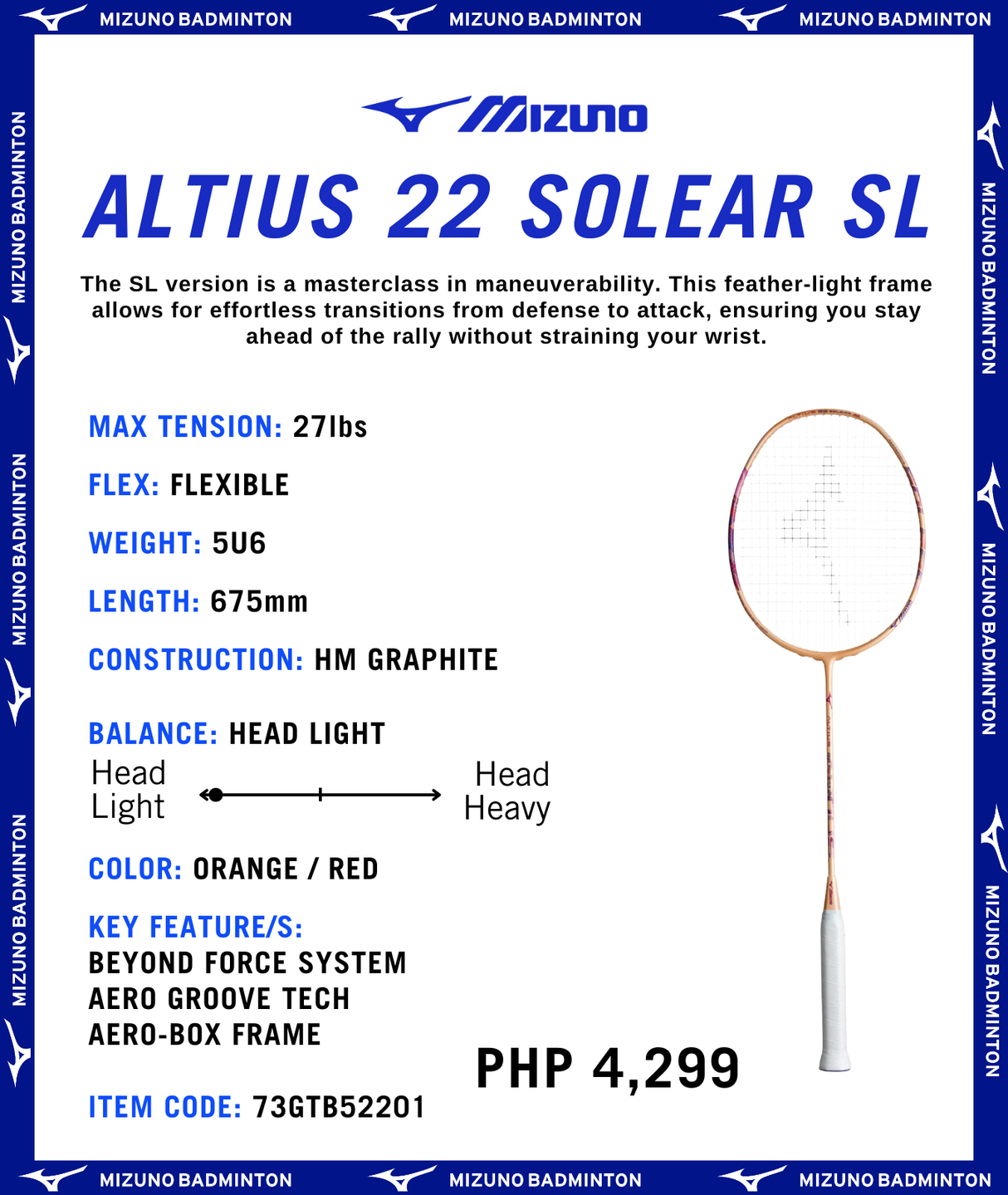 Mizuno Altius 22 Solear LT Badminton Rackets (Unstrung)