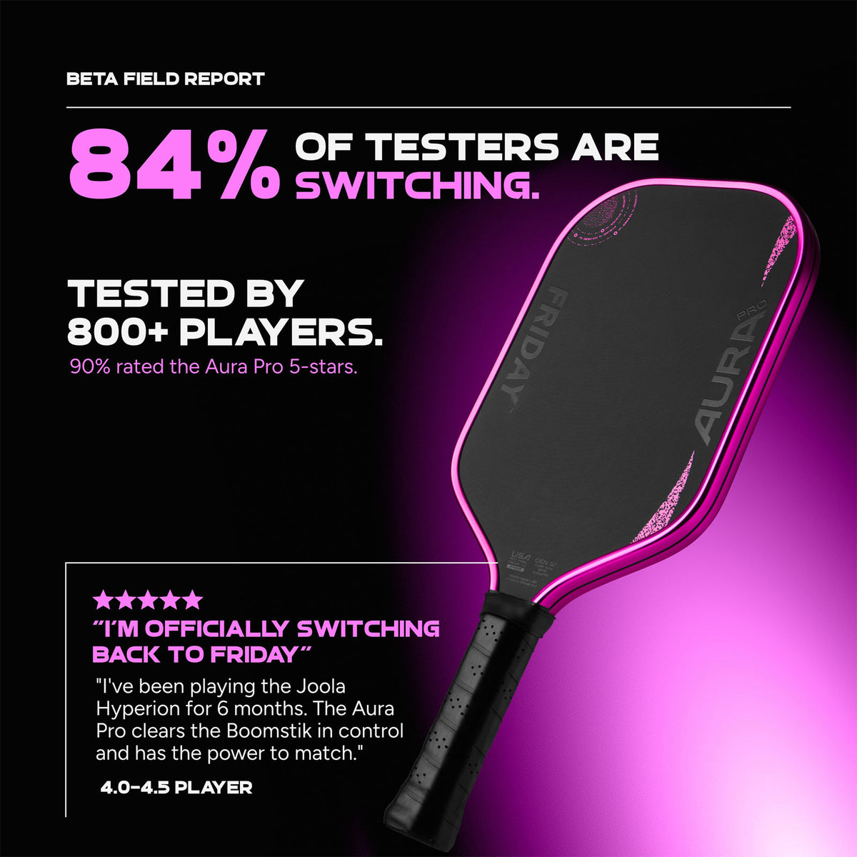 Friday Aura Pro Elongated Metallic Pink Blackout Pickleball Paddle