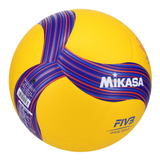 Yellow volleyball with blue and red patterns on a white background, featuring Mikasa and FIVB logos.